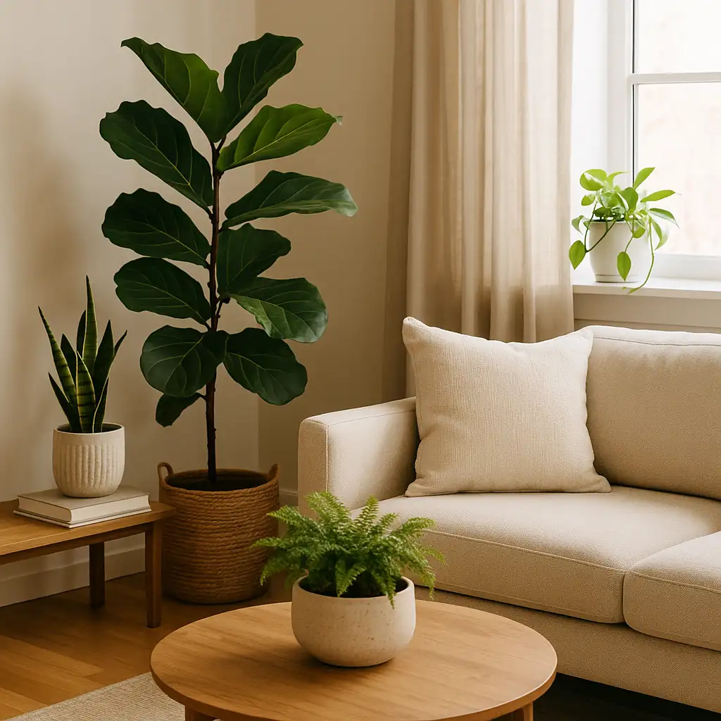 Living room with a fiddle-leaf fig, snake plant, pothos, and fern near a beige sofa and wood furniture in soft natural light.