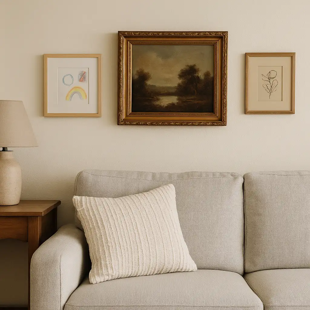 Living room wall with framed artwork including a child’s drawing, vintage landscape painting, and botanical sketch above a gray sofa and wooden side table.