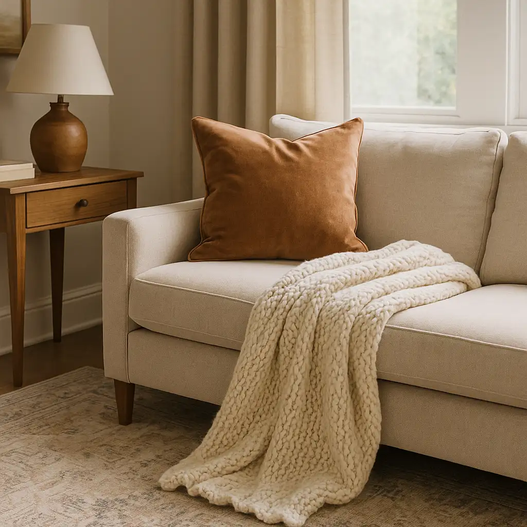 Beige sofa with a chunky knit blanket and rust velvet cushion beside a wooden side table and lamp in a softly lit living room corner — reflecting cozy home decor trends through layered textures and warm tones.