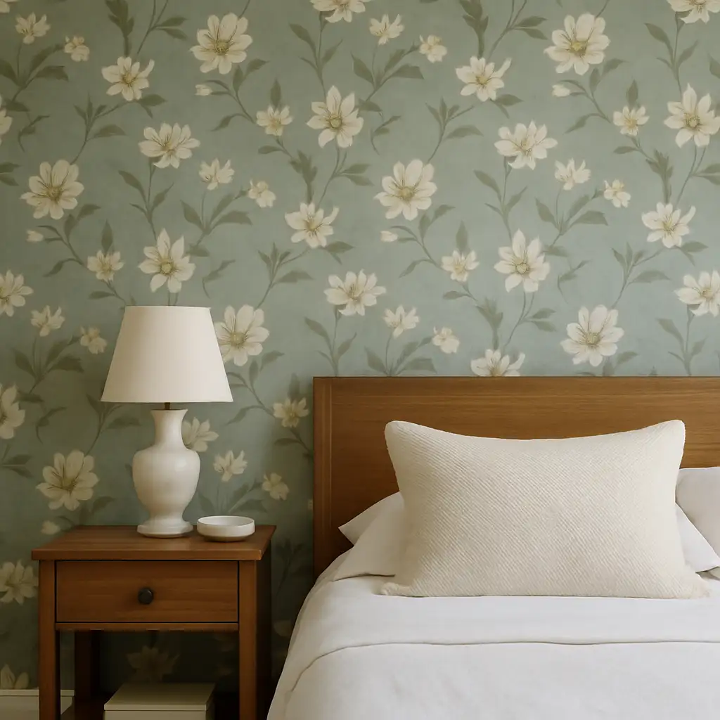 Bedroom corner with sage green floral wallpaper, white bedding, a wooden headboard, and a ceramic lamp on a wooden nightstand.