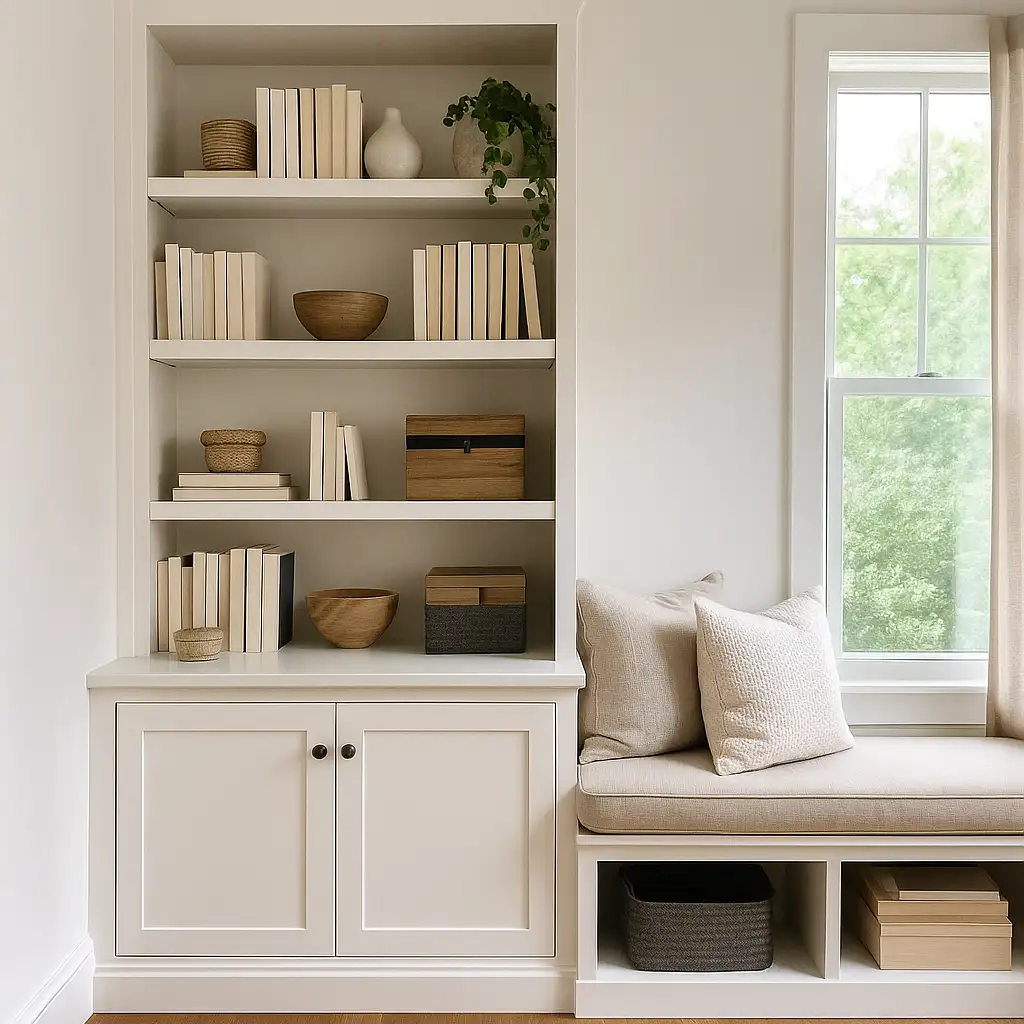 Living room corner with a tall white built-in bookshelf, window seat, neutral cushions, and organized shelves filled with books, boxes, and decor — highlighting functional home decor trends that blend style and storage.