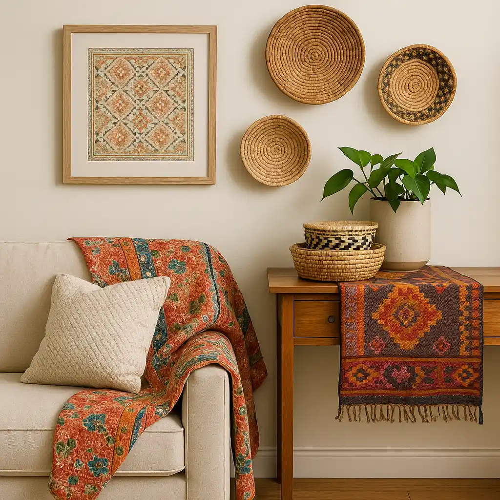 Living room corner with a beige sofa, floral quilt, woven baskets, framed textile art, and a kilim table runner atop a wooden console.