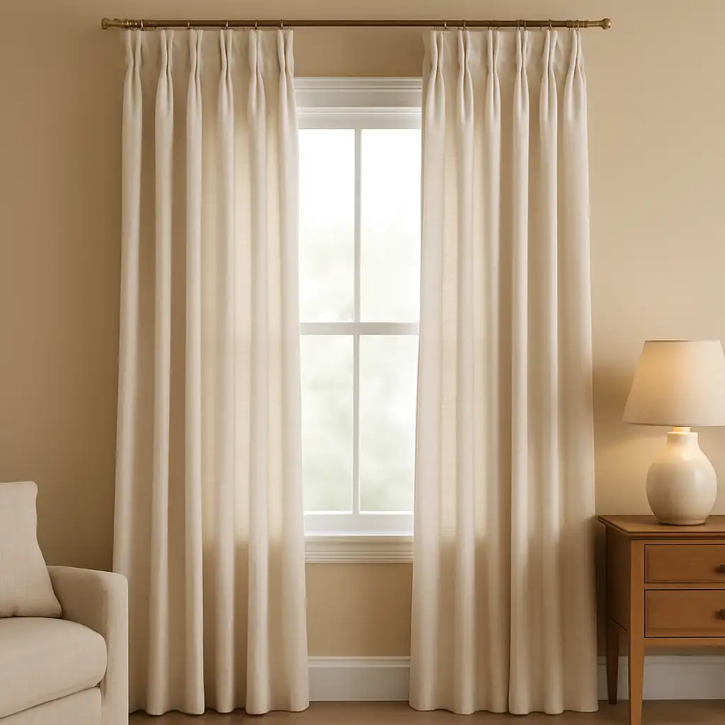 Window with off-white pinch pleat curtains, flanked by a wooden side table with a lamp and a neutral sofa, bathed in natural light.