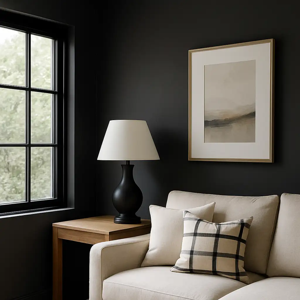 Living room corner with black-framed window, dark walls, beige sofa, plaid pillow, wooden side table, and black table lamp beneath abstract wall art — showcasing modern home decor trends with bold contrast and cozy textures.