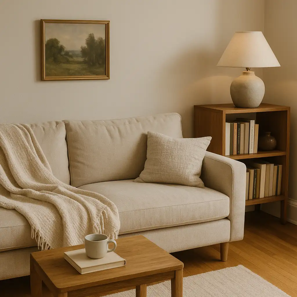 Cozy living room corner with a beige sofa, chunky knit throw, wooden table with a mug and book, bookshelf, and landscape painting — a reflection of home decor trends centered on comfort, simplicity, and real life.