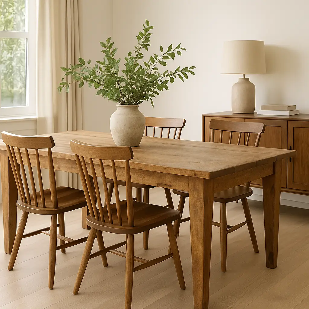 Dining room with a solid wood table and chairs in warm tones, showcasing a timeless home decor trend focused on natural materials that develop character over time.