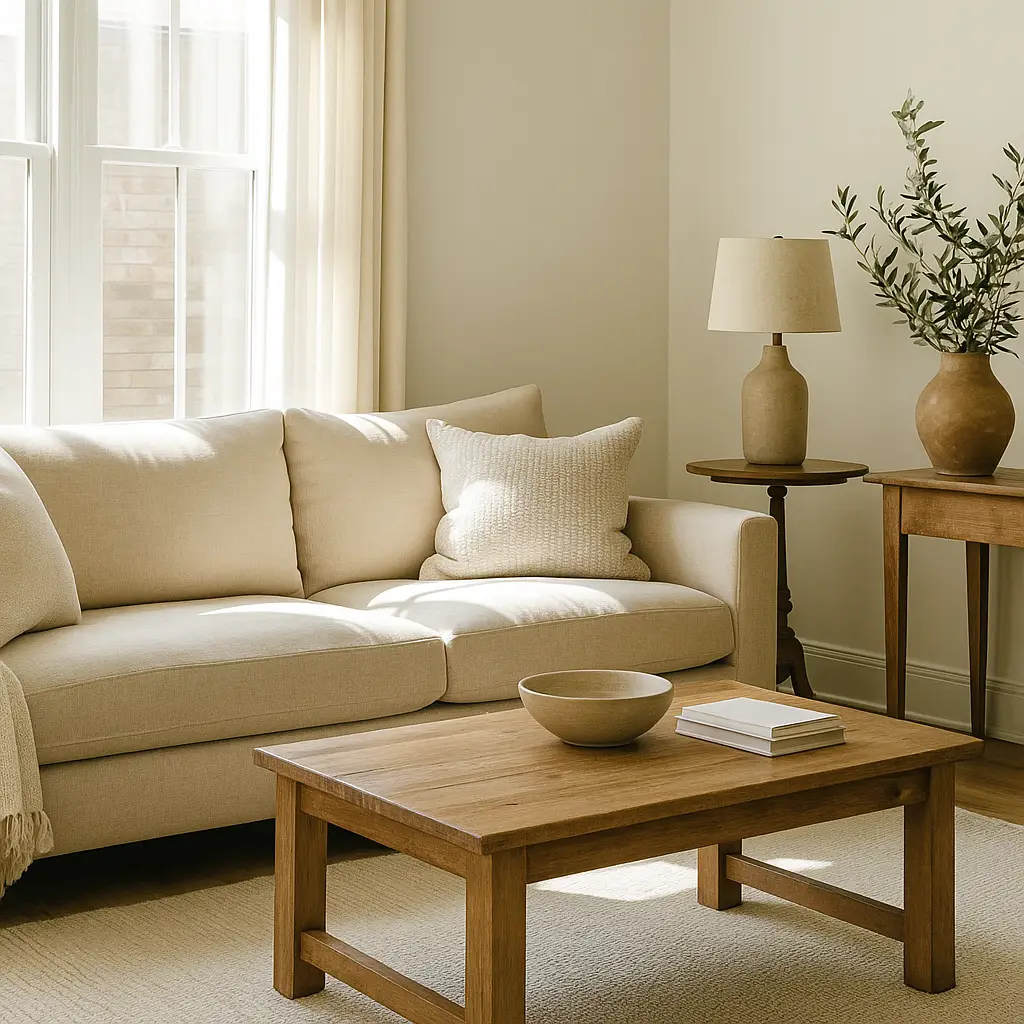 Bright neutral-toned living room with beige sofa, rustic wood furniture, and natural light, showcasing a timeless home decor trend focused on warm, calming color palettes.