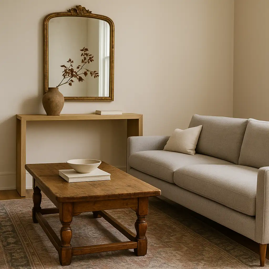Living room with a modern gray sofa, antique wood coffee table, and vintage mirror above a minimalist console, styled in warm neutral tones.
