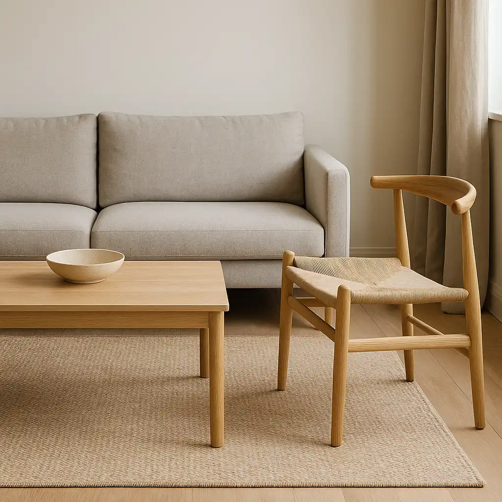 Minimalist living room with a light gray sofa, natural wood coffee table, and woven wood chair set on a jute rug, all bathed in natural light.