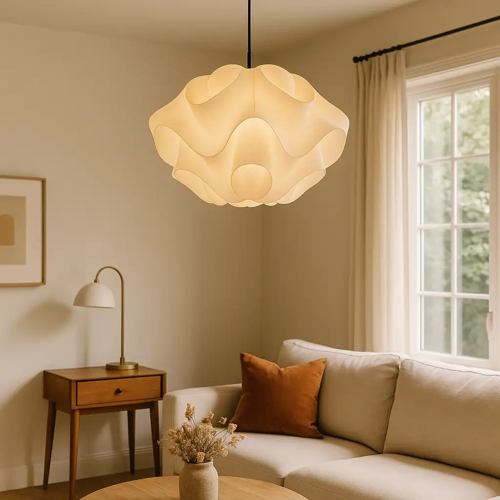 Living room with sculptural pendant light, beige sofa, burnt-orange pillow, wooden table, and brass floor lamp by a window with soft curtains.