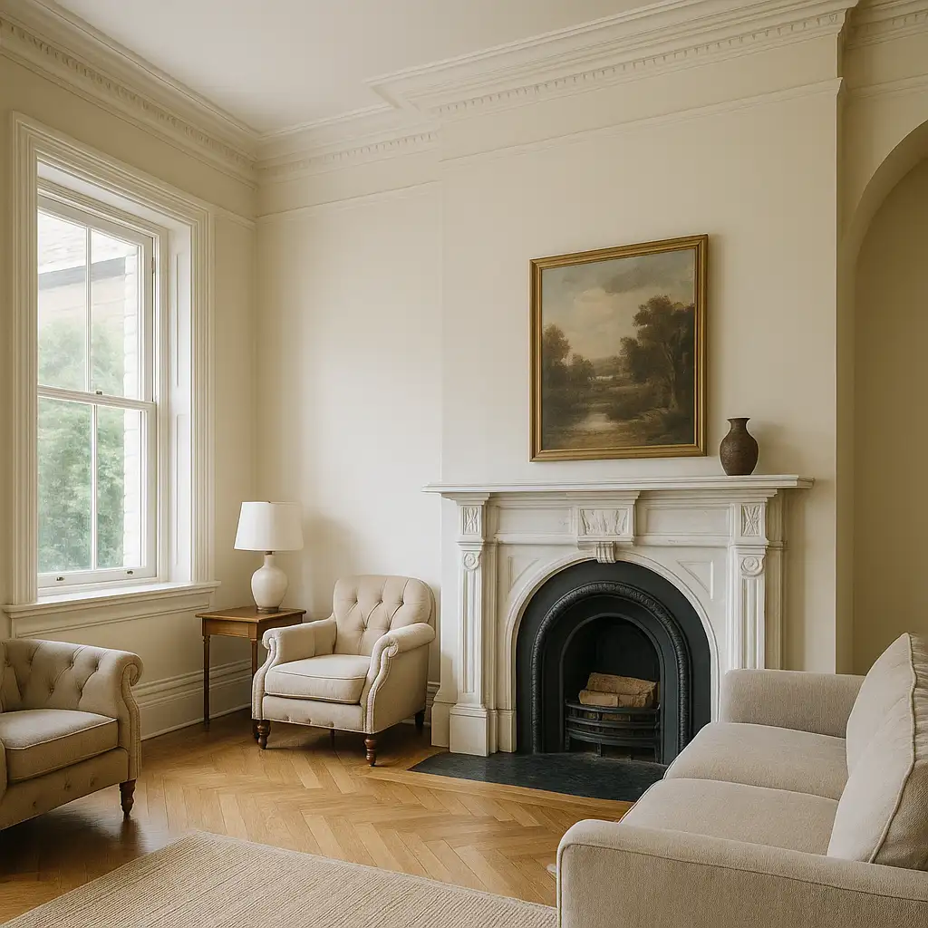 Classic living room with crown molding, arched doorway, marble fireplace, beige tufted chairs, and a vintage landscape painting — a reflection of timeless home decor trends that embrace original architectural style.