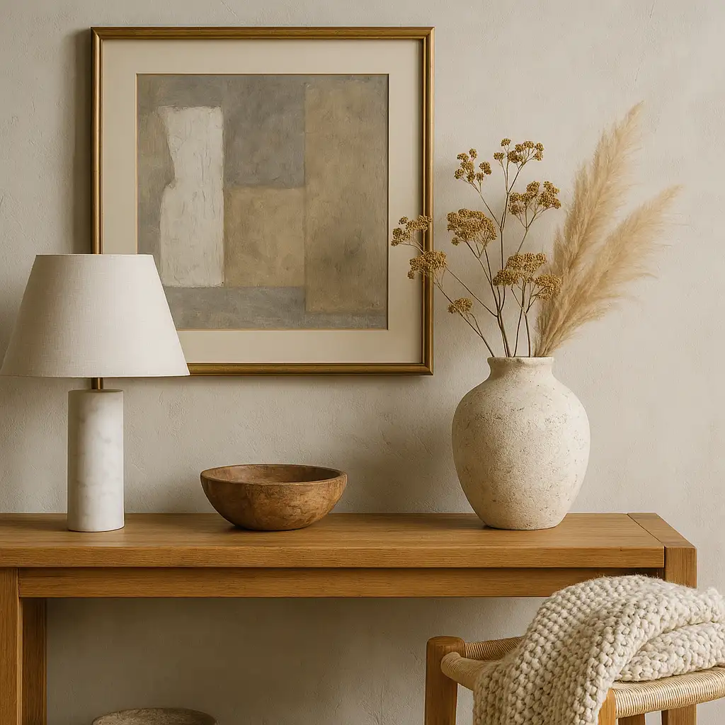 Wooden console styled with a marble lamp, rustic wood bowl, ceramic vase, dried florals, and abstract artwork — a vignette that illustrates cozy, layered home decor trends through mixed textures.