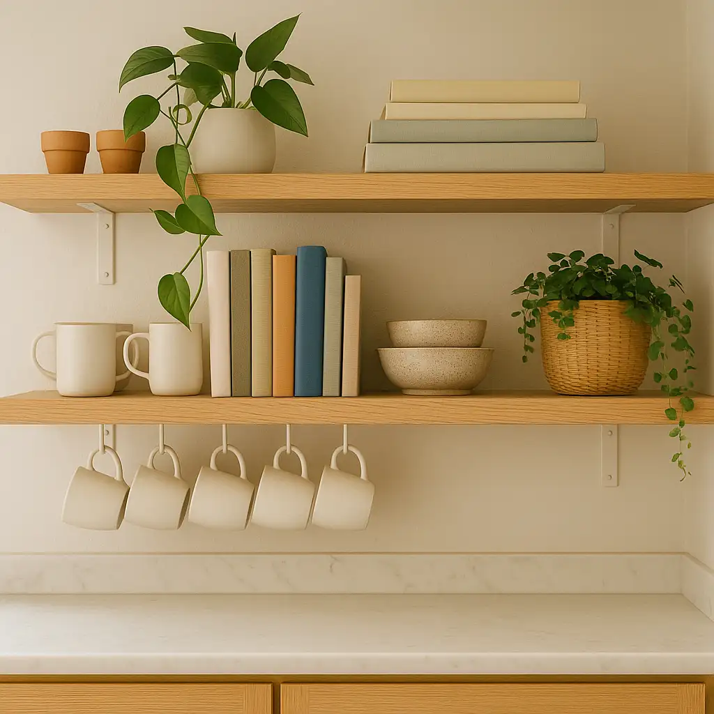 Light wood open shelves displaying books, mugs, bowls, and potted plants in a bright, minimalist kitchen corner — showcasing home decor trends that blend functionality with natural, lived-in charm.