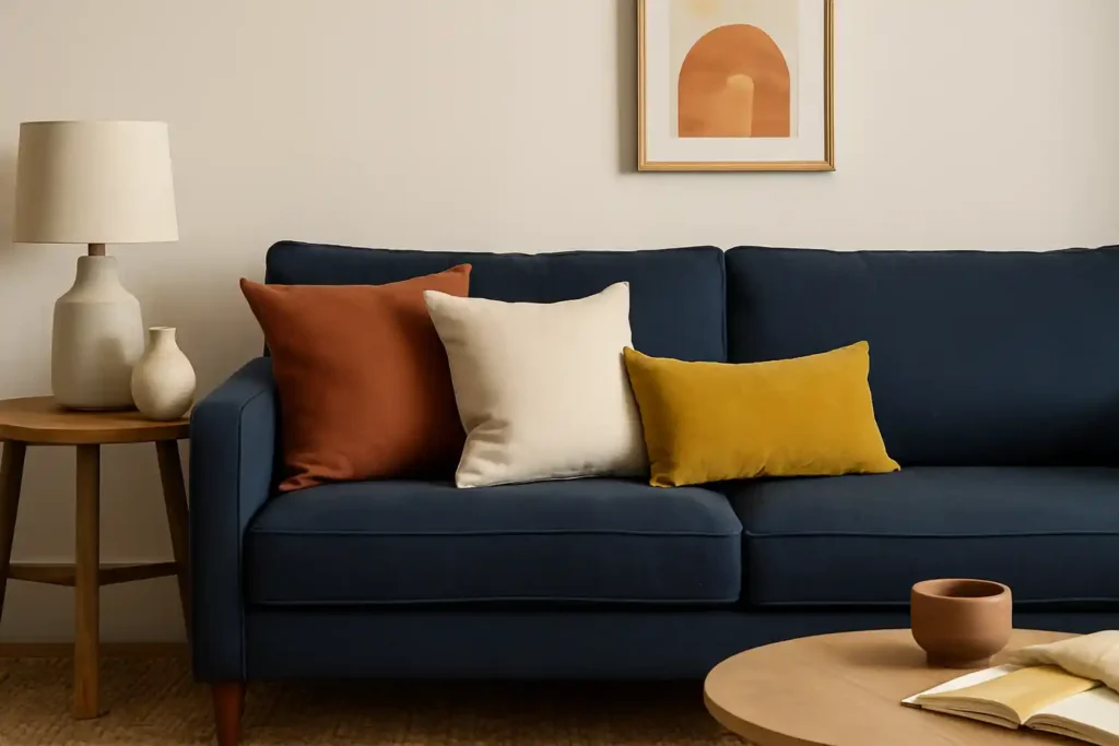 A cozy living room with a navy-blue sofa styled with rust, cream, and mustard pillows. A jute rug, wooden side table with neutral ceramics, and abstract art complete the space—showcasing a balanced pillow color story using the 60-30-10 rule.