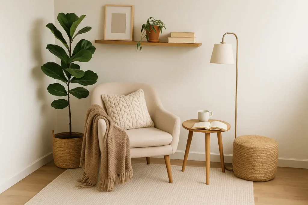 A photograph showcases a cozy corner of a living space with a beige armchair, a textured knit pillow, and a soft throw blanket. A wooden side table holds a book and coffee mug beside a tall floor lamp, a woven ottoman, and a large fiddle-leaf fig plant. The space is styled with warm neutral tones, soft lighting, and natural textures — ideal for a reading nook or quiet retreat.
