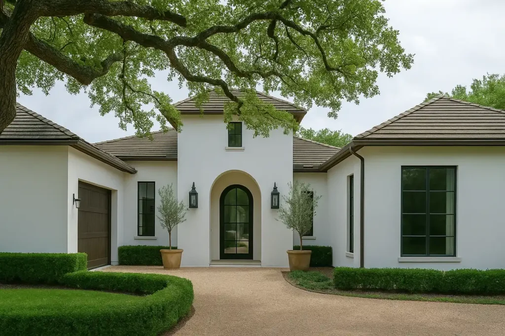 Mediterranean-style home exterior with white stucco walls, dark tile roof, black-framed windows, arched front door, and manicured greenery under a large oak tree.