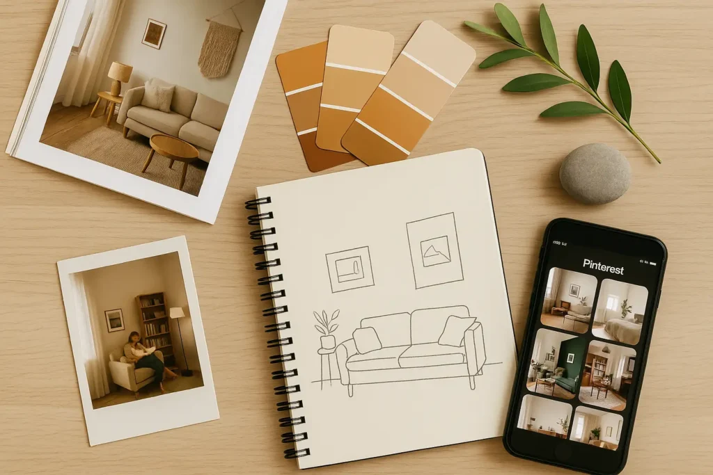 Flat lay image featuring a sketchbook with a sofa drawing, neutral-toned paint swatches, leafy greens, Pinterest ideas on a phone, and cozy room photos — a visual mood board for home decor inspiration.