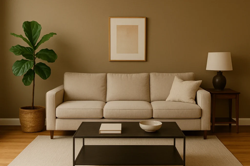 Cozy modern living room with beige sofa, dark coffee table, abstract artwork, and a warm neutral wall