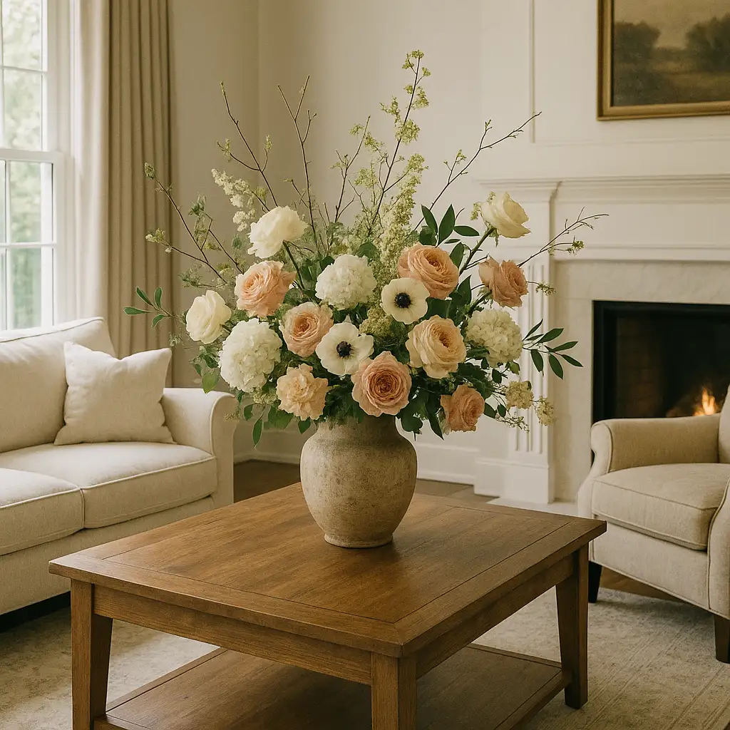Living room with a large floral arrangement of roses, hydrangeas, and eucalyptus in a rustic vase on a wooden coffee table, surrounded by cozy neutral seating.