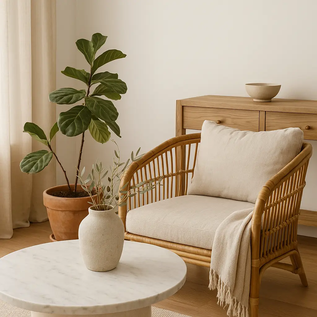 Living room corner with rattan armchair, linen cushions, terracotta plant pot, and marble coffee table styled with natural textures and soft lighting.