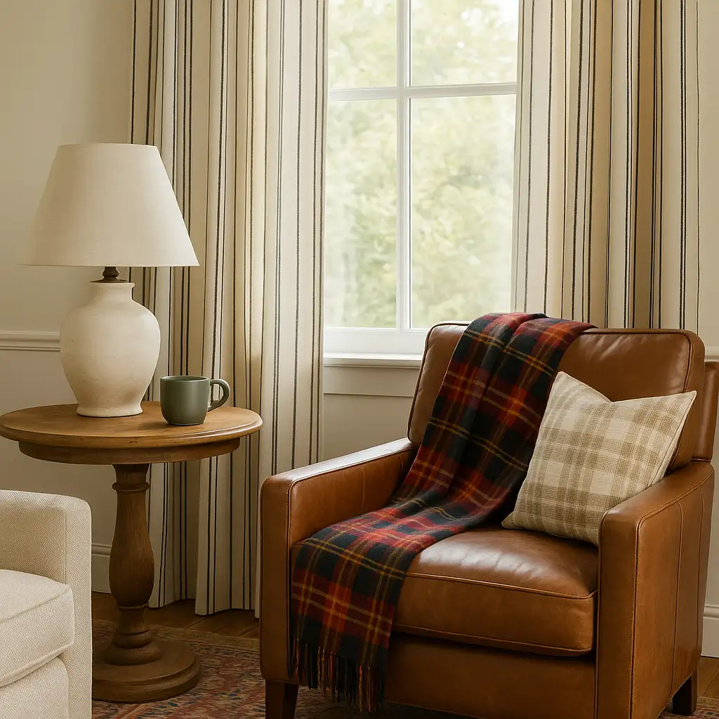 Living room corner with striped curtains, leather armchair, plaid throw blanket, and a gingham pillow next to a wooden side table and ceramic lamp.