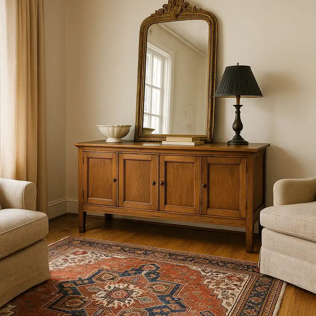Living room with vintage wooden console, antique mirror, and Persian rug surrounded by neutral armchairs in soft daylight.