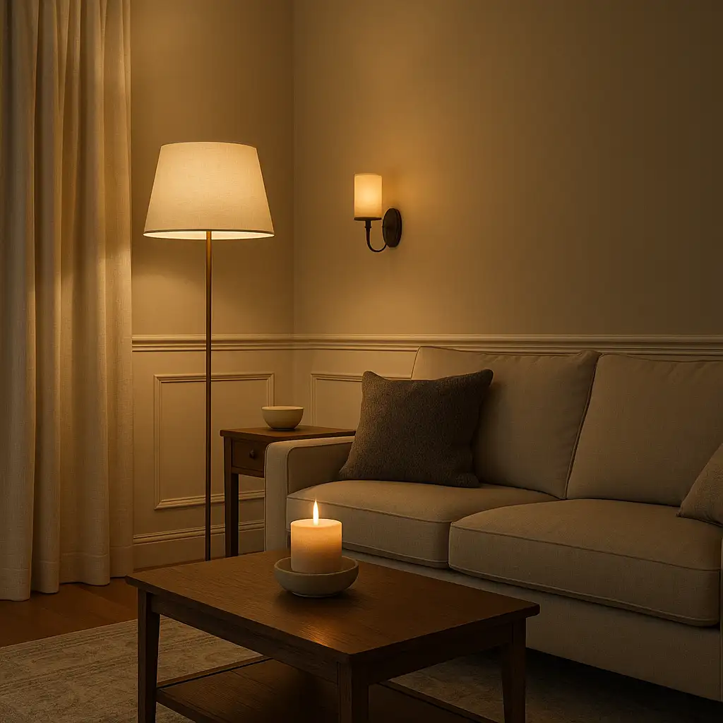 Living room with warm ambient lighting from a floor lamp, wall sconce, and candle on a coffee table beside a beige sofa.