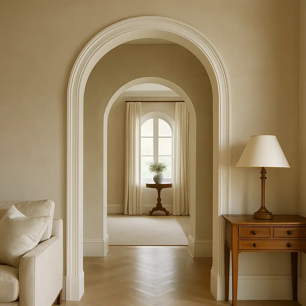 Interior view of a home with arched doorways and windows, framed by soft beige walls, a wooden side table, and natural light filling the space.