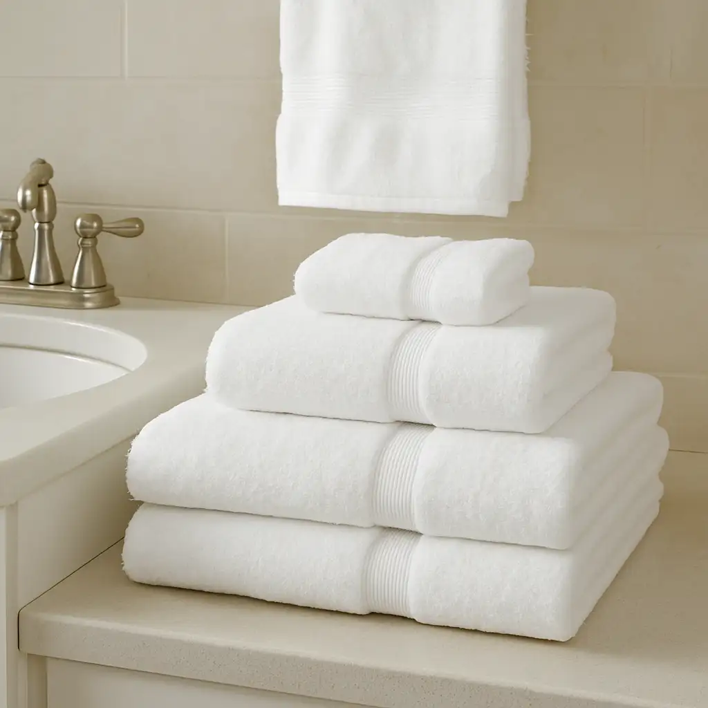 Neatly stacked white towels on a beige bathroom counter with a silver faucet and soft natural lighting.