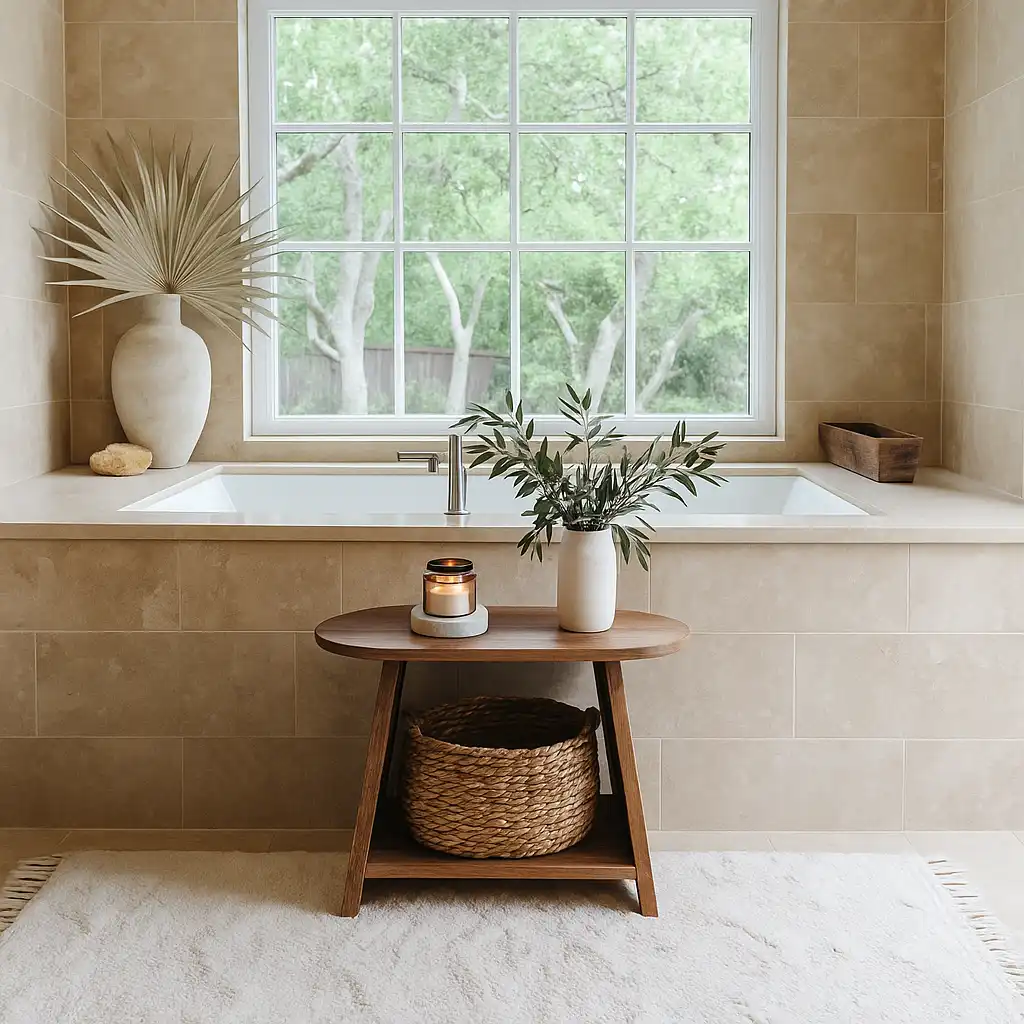 pa-like bathroom with a built-in soaking tub framed in travertine, large window with natural views, and a wooden table styled with greenery and a candle.