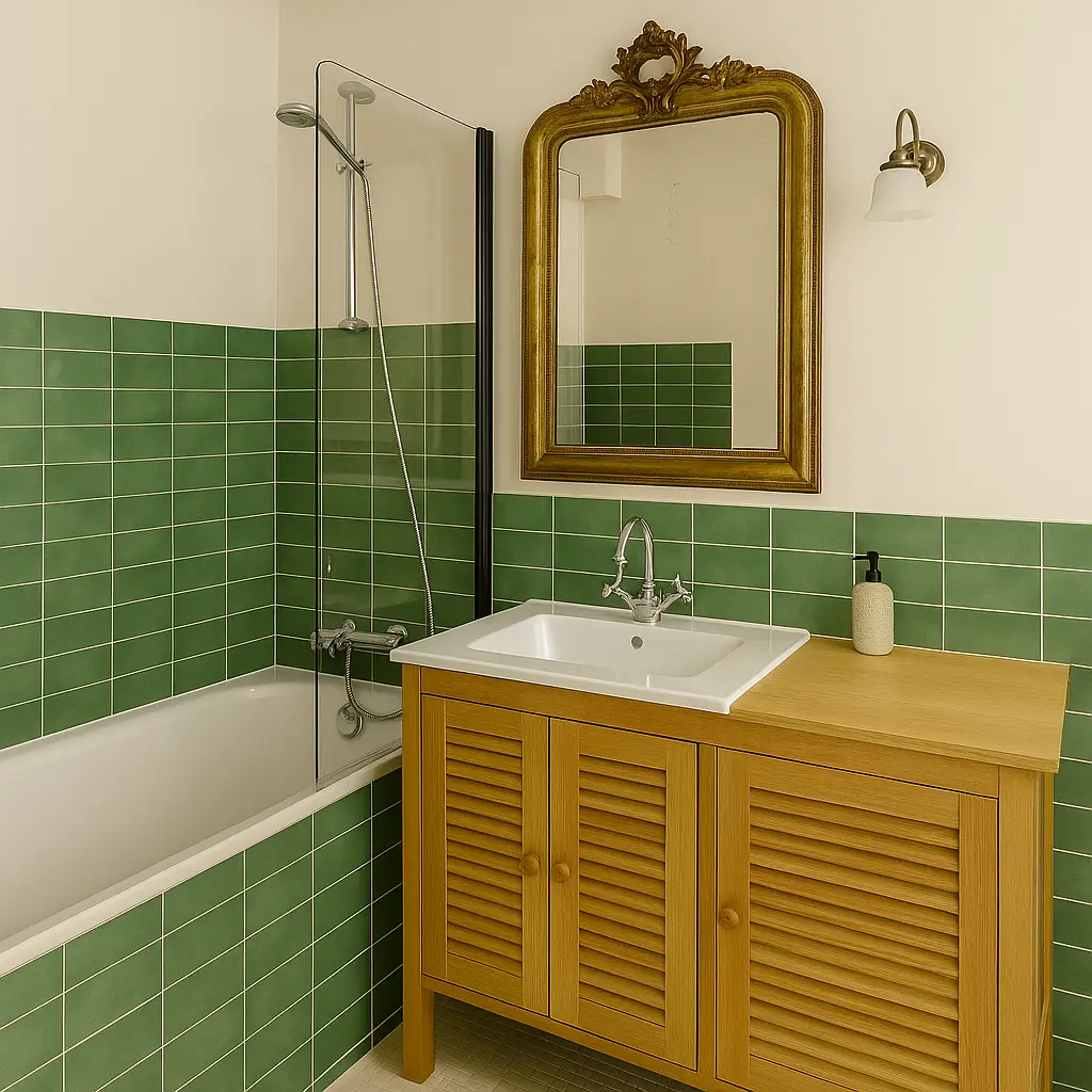 Compact Parisian bathroom with green wall tiles, a vintage gold-framed mirror, and a wooden vanity beside a built-in bathtub and walk-in shower combo