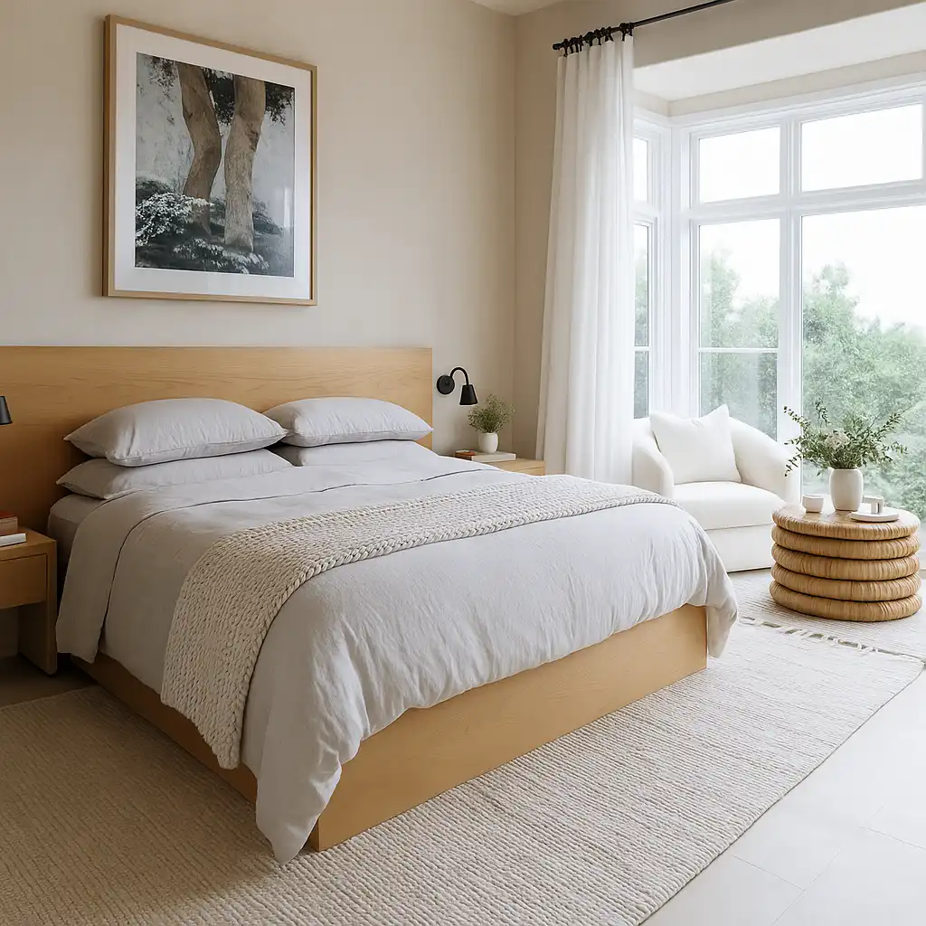 Serene bedroom with a light wood bed, soft linen bedding, knitted throw, white lounge chair, round rattan coffee table, and large windows overlooking greenery.