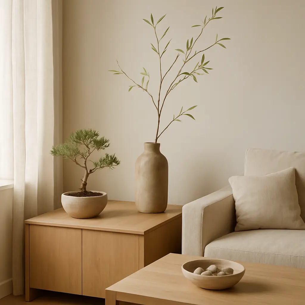A minimalist Japanese-inspired living room with a bonsai tree, natural branch in a rustic vase, and a bowl of pebbles on wood furniture — embracing calming home decor trends rooted in nature and organic materials.