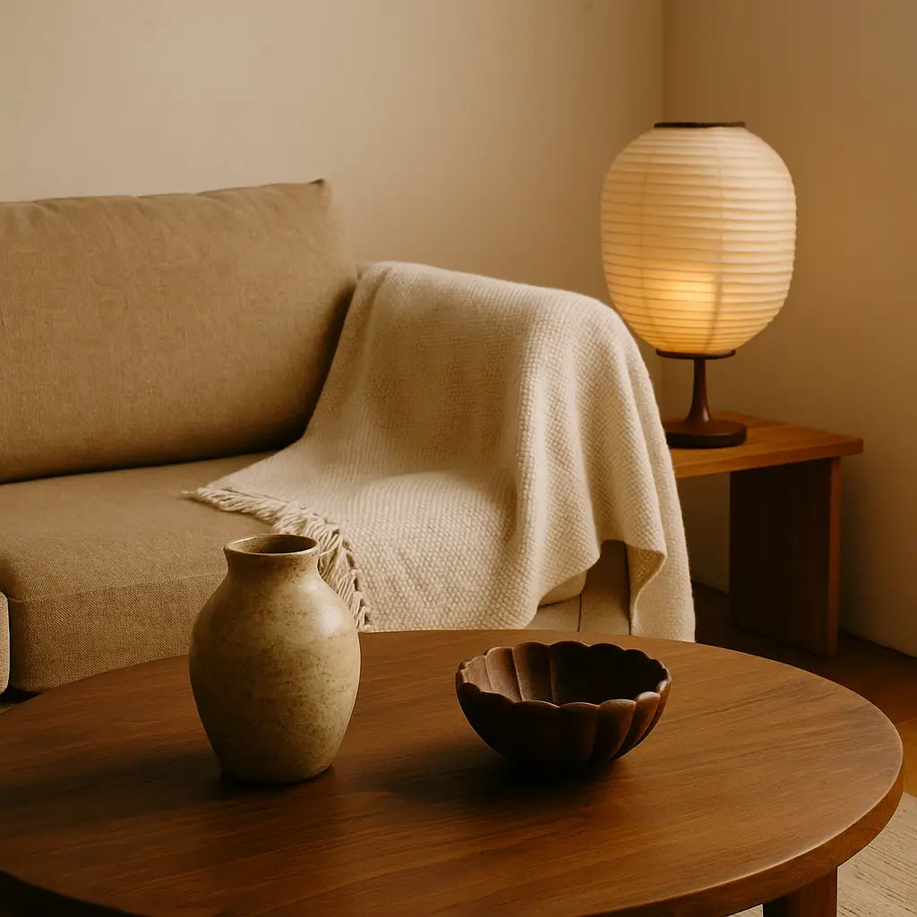 A cozy Japanese-inspired living room with a handwoven throw blanket, carved wooden bowl, ceramic vase, and washi paper lamp — highlighting home decor trends that celebrate craftsmanship and handmade touches.