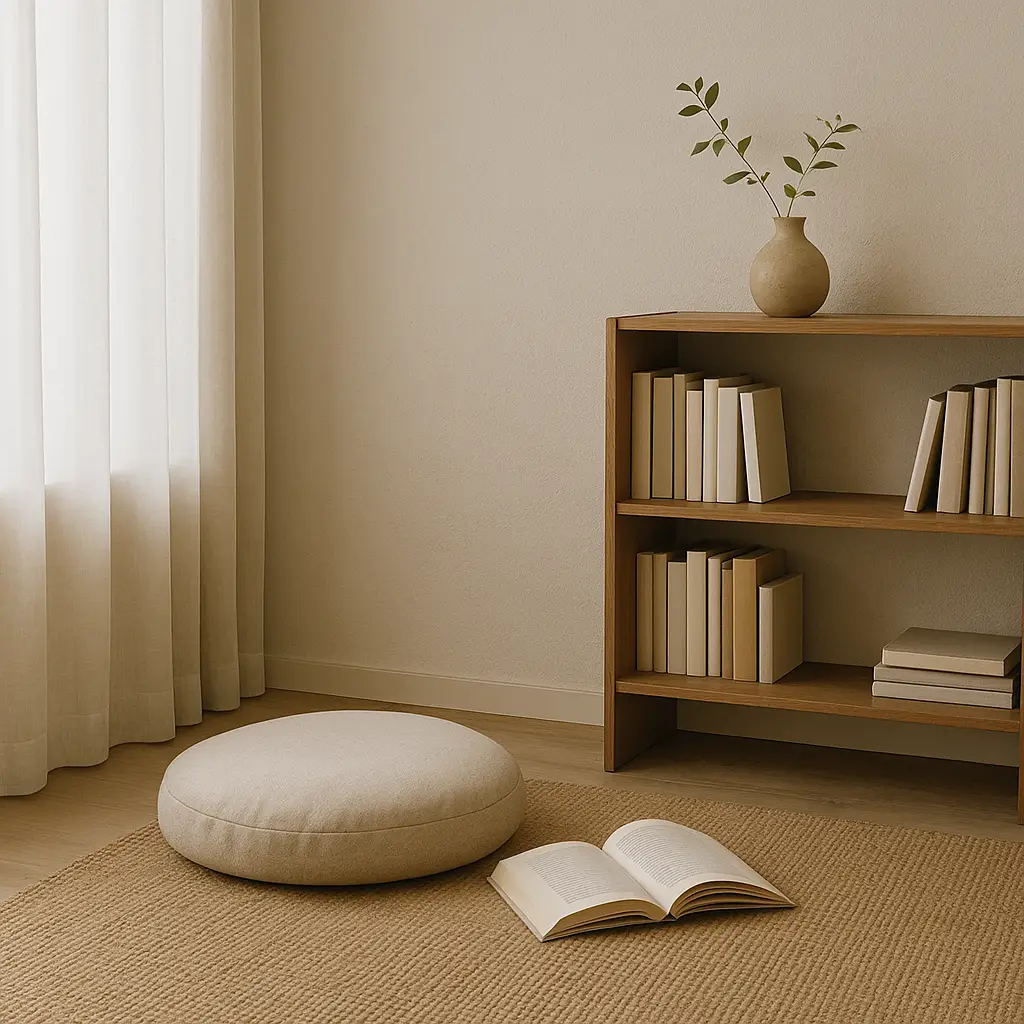 A calm Japanese-inspired reading nook with a beige floor cushion, open book, and minimalist bookshelf — capturing home decor trends that create intentional zones for quiet and connection.