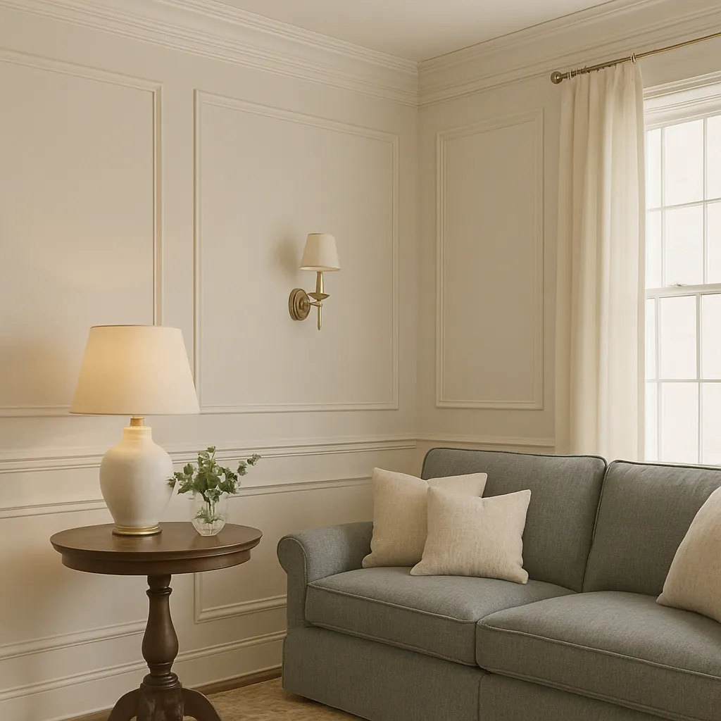 Elegant living room corner with crown molding, wainscoting, and a gray upholstered sofa styled with neutral pillows beside a wooden side table and lamp.