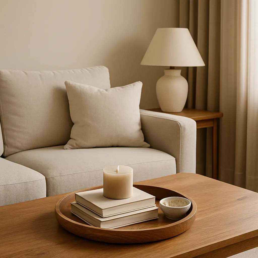 Coffee table styled with a wood tray, stacked neutral books, a beige candle, and a small ceramic bowl beside a cozy beige sofa and side lamp.
