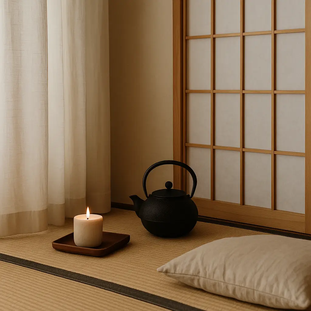A peaceful Japanese-inspired interior featuring a tatami mat, flickering candle, textured teapot, and shoji screen — showcasing Japanese decorating trends that engage all five senses for a calming home environment.