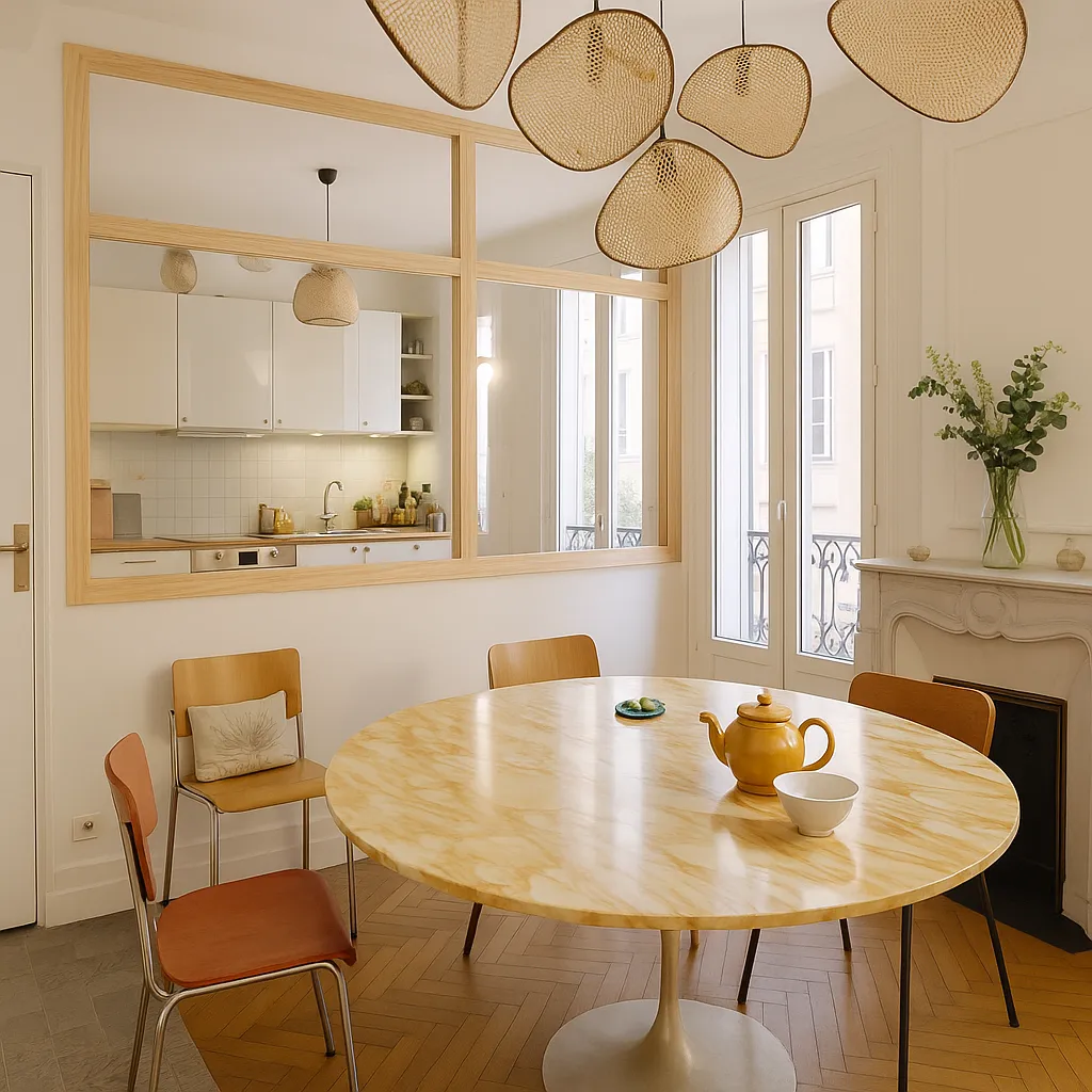 Bright dining area with a round yellow marble table, modern wooden chairs, wicker pendant lights, and a glass partition showcasing a sleek white kitchen behind it.