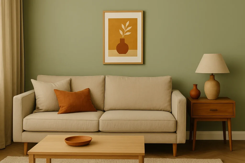 A calm, earthy living room with sage green walls, a beige linen sofa, and terracotta accent decor including a pillow, vases, and wall art — illustrating the 60-30-10 color rule in an organic, nature-inspired palette.