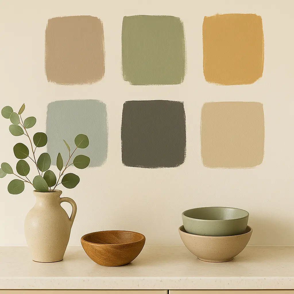 Earthy muted color palette featuring taupe, sage green, ochre, dusty blue, charcoal, and warm beige swatches — core Modern Organic kitchen tones in 2025.