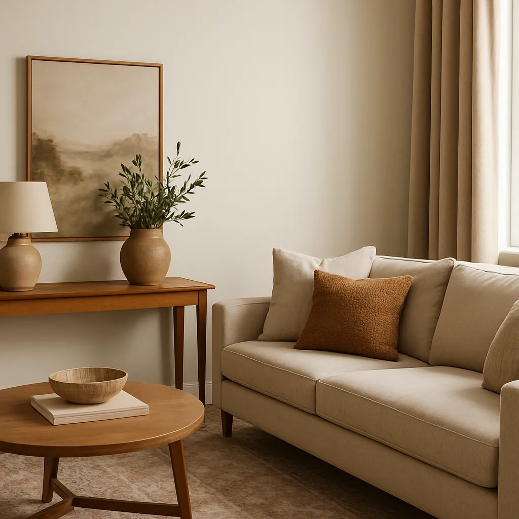 Earth-toned living room with beige sofa, rust accent pillow, wooden console and coffee table, and a framed abstract print for a warm, natural look.