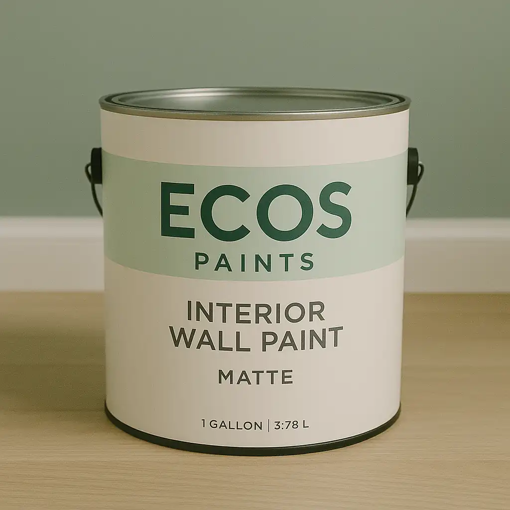 A 1-gallon can of ECOS Paints Interior Wall Paint in matte finish, featuring a clean white and mint green label, placed on a light wooden floor with a sage green wall background.