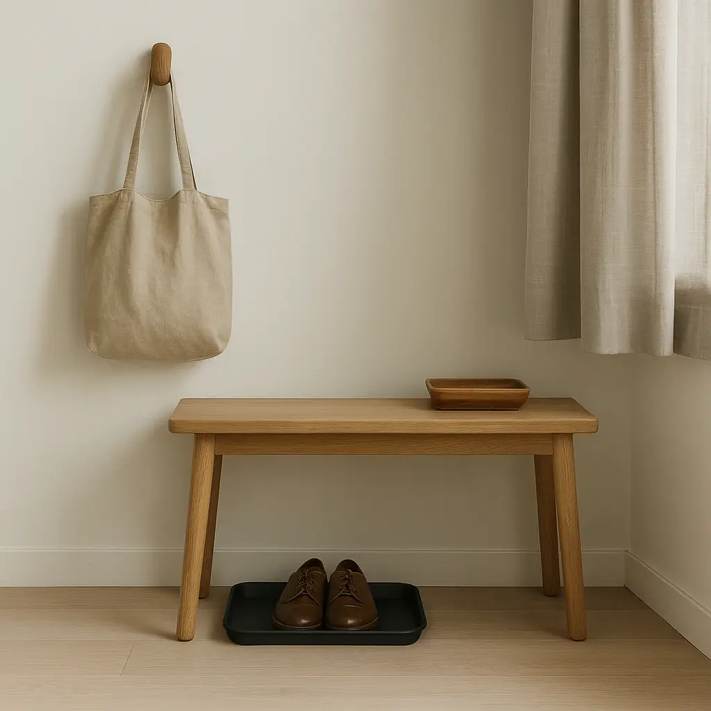 A minimalist Japanese-inspired entryway with a wooden bench, shoe tray, and wall hook — reflecting Japanese decorating principles that create a calm, intentional first impression at home.