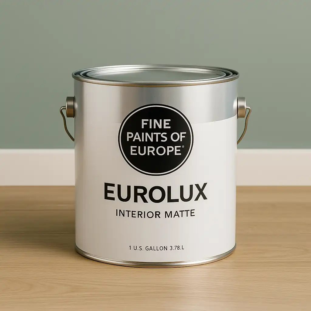 A 1-gallon can of Fine Paints of Europe Eurolux Interior Matte Paint with a silver body, black circular logo, and clean white label, placed on a light wood floor against a soft sage green wall.