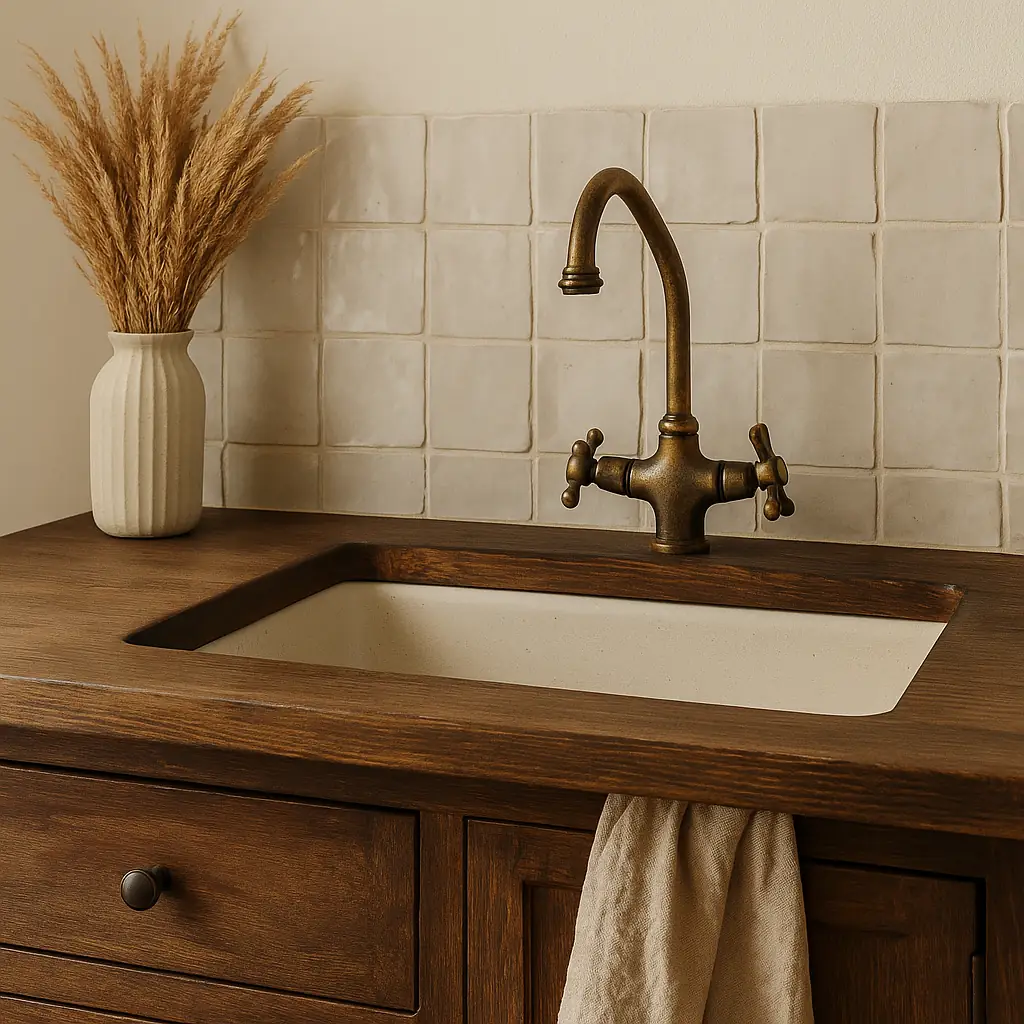 Modern Organic kitchen with a handcrafted feel, featuring wavy-edged tiles, a vintage brass faucet, dark wood counter, and natural textures — celebrating imperfection.