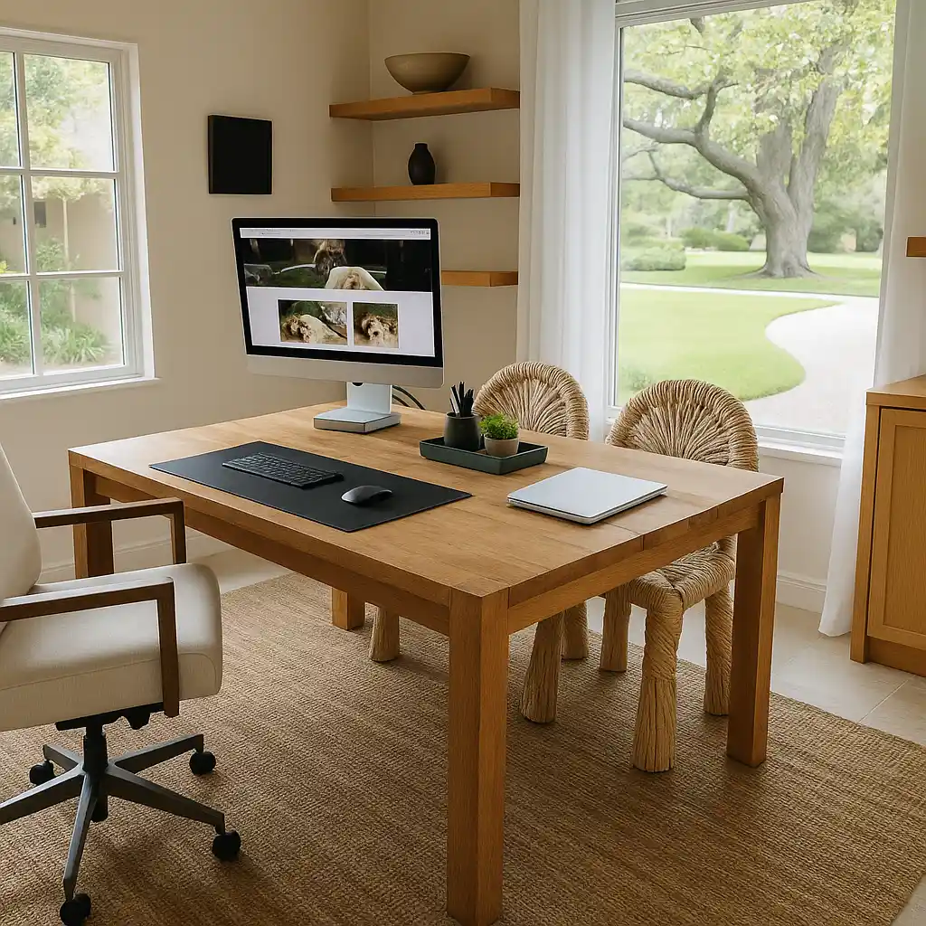 Minimalist home office with a wooden desk, ergonomic chair, neutral decor, and large windows overlooking a green garden.