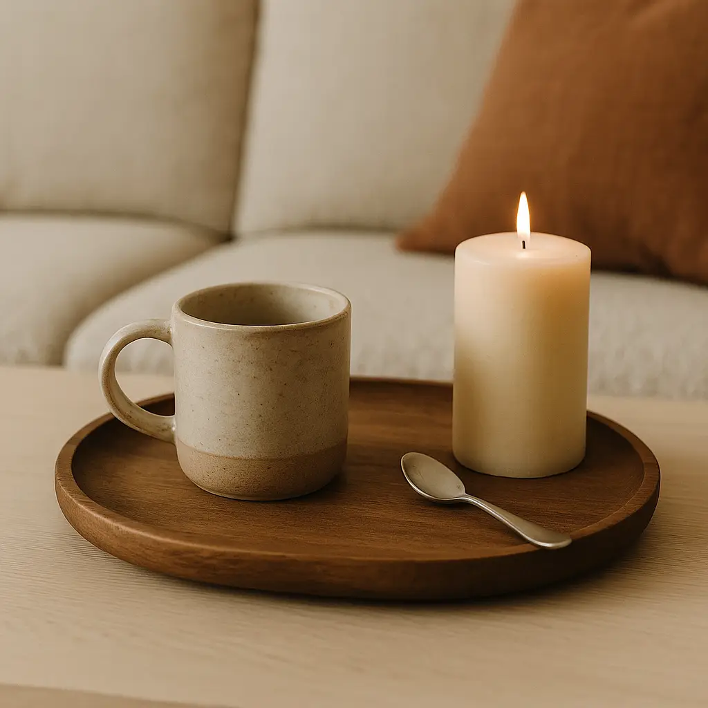 A peaceful coffee ritual scene with a ceramic mug, lit candle, and spoon on a wooden tray — reflecting Japanese decorating principles and home decor trends that support mindful daily moments and intentional living.