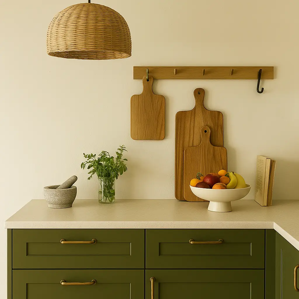 Modern Organic kitchen corner with olive green cabinets, aged brass hardware, rattan pendant light, cutting boards, fruit bowl, and herbs — easy upgrades for 2025 style.
