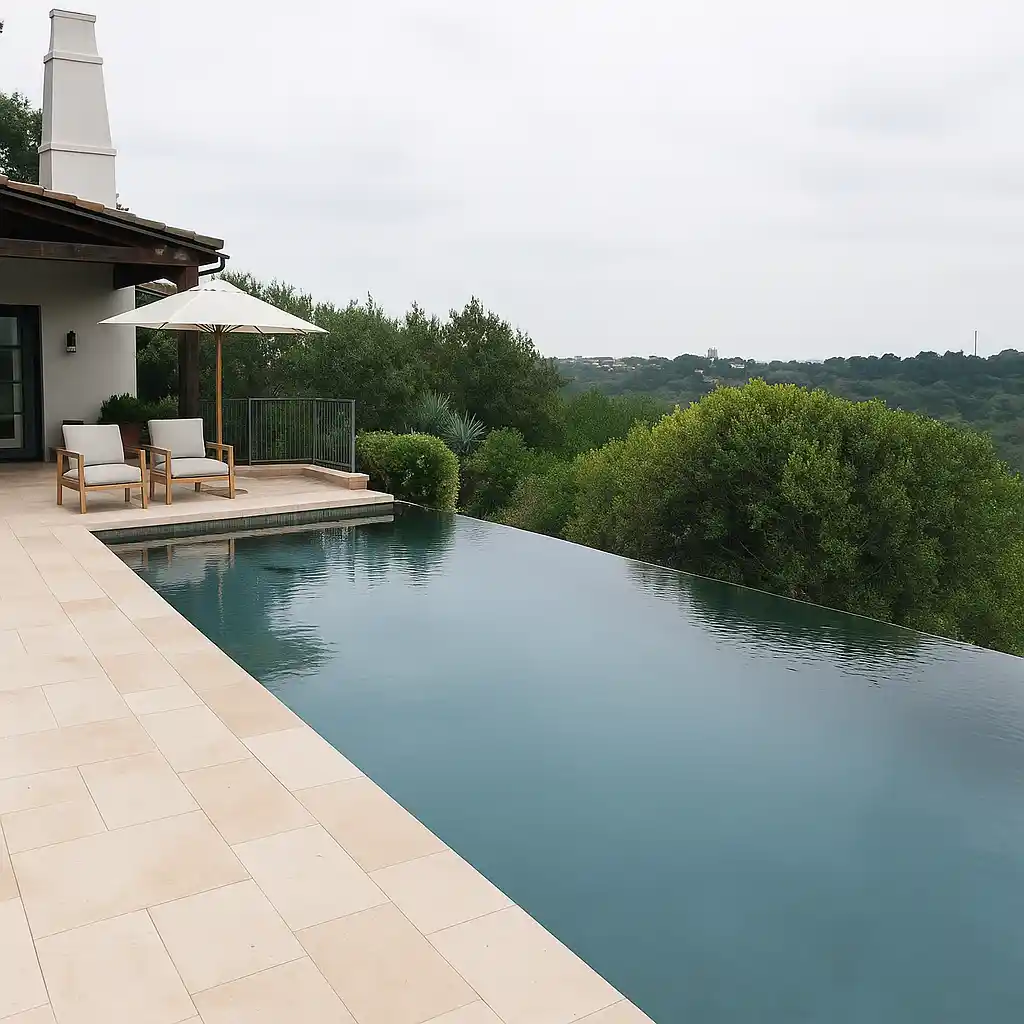 Infinity edge pool with beige stone patio, two cushioned lounge chairs under a white umbrella, and panoramic hillside views.